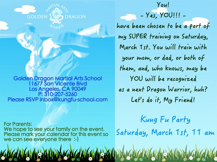 Invitation on family event: Kung Fu party for children and parents (March 01, 2014)